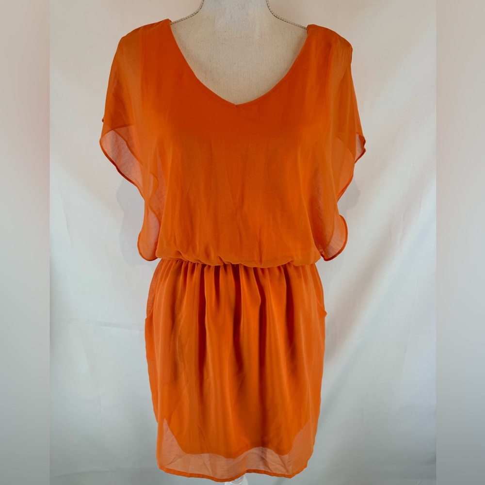 Lush Women Neon Orange Scoop Neck Synch Waist Layering Dress or Tunic Medium